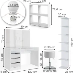 Schminktisch Sherry Weiß 5 Teile, mit Aufbewahrungsregal, Standregal, Spiegel, Hocker, LED Vicco