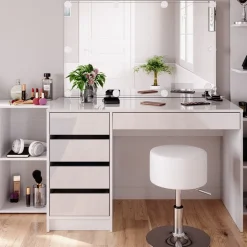 Schminktisch Sherry Weiß 5 Teile, mit Aufbewahrungsregal, Standregal, Spiegel, Hocker, LED Vicco