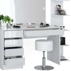 Schminktisch Sherry Weiß 5 Teile, mit Aufbewahrungsregal, Standregal, Spiegel, Hocker, LED Vicco