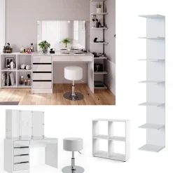 Schminktisch Sherry Weiß 5 Teile, mit Aufbewahrungsregal, Standregal, Spiegel, Hocker, LED Vicco