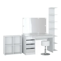 Schminktisch Sherry Weiß 5 Teile, mit Aufbewahrungsregal, Standregal, Spiegel, Hocker, LED Vicco