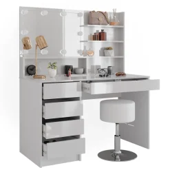 Schminktisch Sherry Weiß 120 cm mit LED Beleuchtung, Hocker und Spiegelregal Vicco