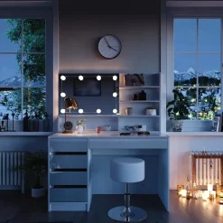 Schminktisch Sherry Weiß 120 cm mit LED Beleuchtung, Hocker und Spiegelregal Vicco