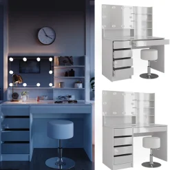 Schminktisch Sherry Weiß 120 cm mit LED Beleuchtung, Hocker und Spiegelregal Vicco