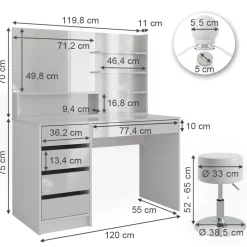 Schminktisch Sherry Weiß 120 cm mit LED Beleuchtung, Hocker und Spiegelregal Vicco