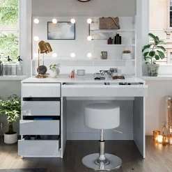 Schminktisch Sherry Weiß 120 cm mit LED Beleuchtung, Hocker und Spiegelregal Vicco