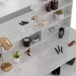 Schminktisch Sherry Weiß 120 cm mit LED Beleuchtung, Hocker und Spiegelregal Vicco