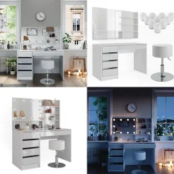 Schminktisch Sherry Weiß 120 cm mit LED Beleuchtung, Hocker und Spiegelregal Vicco