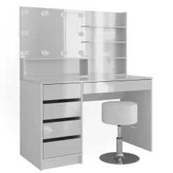 Schminktisch Sherry Weiß 120 cm mit LED Beleuchtung, Hocker und Spiegelregal Vicco