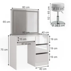 Schminktisch Sherry Weiß 90 cm mit LED-Spiegel und Hocker Vicco