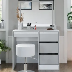 Schminktisch Sherry Weiß 90 cm mit LED-Spiegel und Hocker Vicco