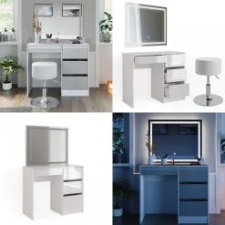 Schminktisch Sherry Weiß 90 cm mit LED-Spiegel und Hocker Vicco