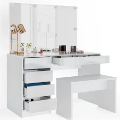 Schminktisch Sherry Weiß 120 cm mit LED Beleuchtung und Bank Vicco