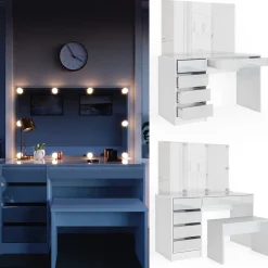 Schminktisch Sherry Weiß 120 cm mit LED Beleuchtung und Bank Vicco