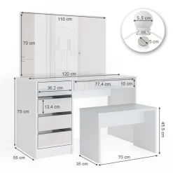 Schminktisch Sherry Weiß 120 cm mit LED Beleuchtung und Bank Vicco