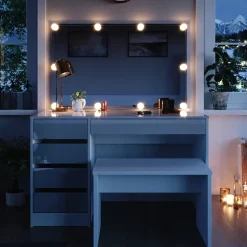 Schminktisch Sherry Weiß 120 cm mit LED Beleuchtung und Bank Vicco