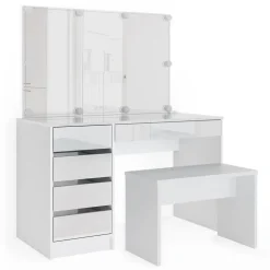 Schminktisch Sherry Weiß 120 cm mit LED Beleuchtung und Bank Vicco