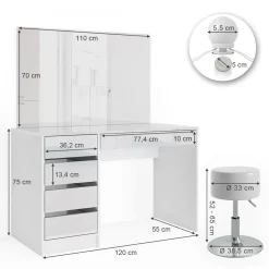 Schminktisch Sherry Weiß 120 cm mit LED Beleuchtung und Hocker Vicco