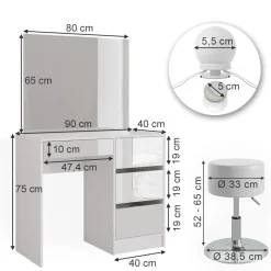 Schminktisch Sherry Weiß 90 cm mit LED Beleuchtung und Hocker Vicco