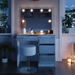 Schminktisch Sherry Weiß 90 cm mit LED Beleuchtung und Hocker Vicco