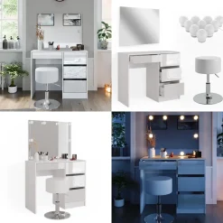 Schminktisch Sherry Weiß 90 cm mit LED Beleuchtung und Hocker Vicco
