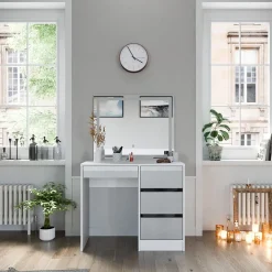 Schminktisch Sherry Weiß Hochglanz 90 cm mit LED-Spiegel Vicco