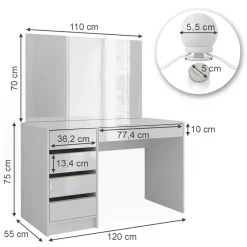 Schminktisch Sherry Weiß/Gold 120 cm mit LED Beleuchtung Vicco