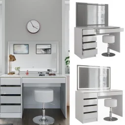 Schminktisch Sherry Weiß/Gold 120 cm mit LED-Spiegel und Hocker Vicco