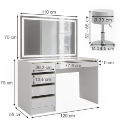 Schminktisch Sherry Weiß/Gold 120 cm mit LED-Spiegel und Hocker Vicco