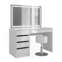 Schminktisch Sherry Weiß/Gold 120 cm mit LED-Spiegel und Hocker Vicco