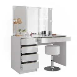 Schminktisch Sherry Weiß/Gold 120 cm mit LED Beleuchtung und Hocker Vicco