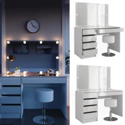 Schminktisch Sherry Weiß/Gold 120 cm mit LED Beleuchtung und Hocker Vicco