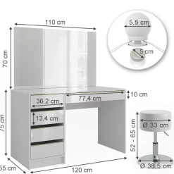 Schminktisch Sherry Weiß/Gold 120 cm mit LED Beleuchtung und Hocker Vicco