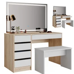 Schminktisch Sherry Weiß/Sonoma 120 cm mit LED Spiegel und Hocker Vicco