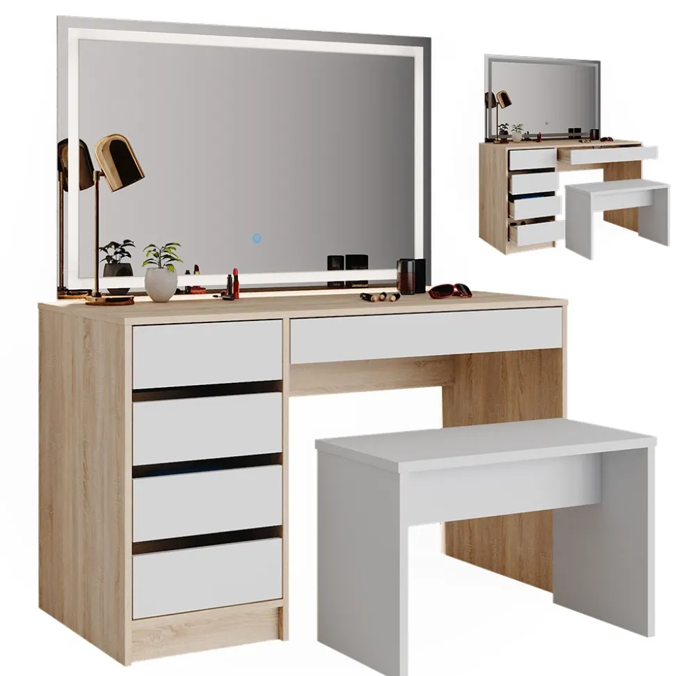 Schminktisch Sherry Weiß/Sonoma 120 cm mit LED Spiegel und Hocker Vicco