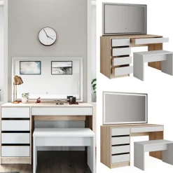 Schminktisch Sherry Weiß/Sonoma 120 cm mit LED Spiegel und Hocker Vicco