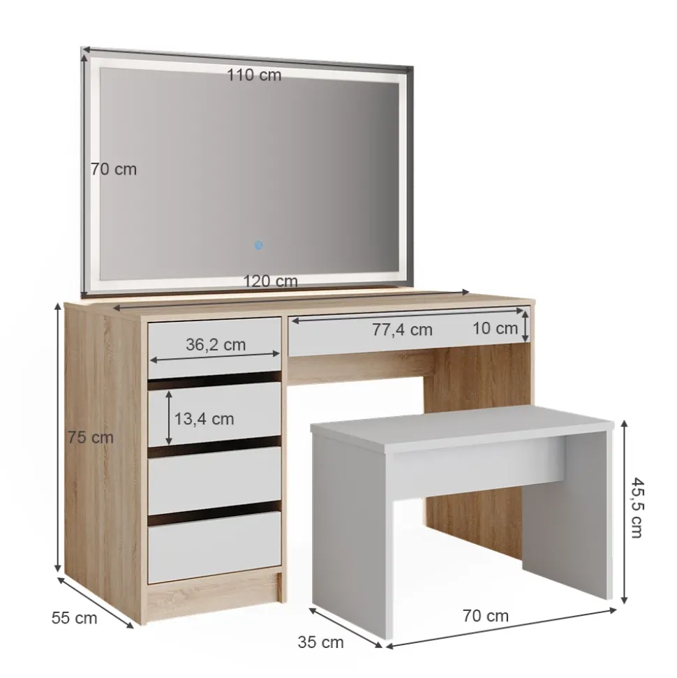 Schminktisch Sherry Weiß/Sonoma 120 cm mit LED Spiegel und Hocker Vicco