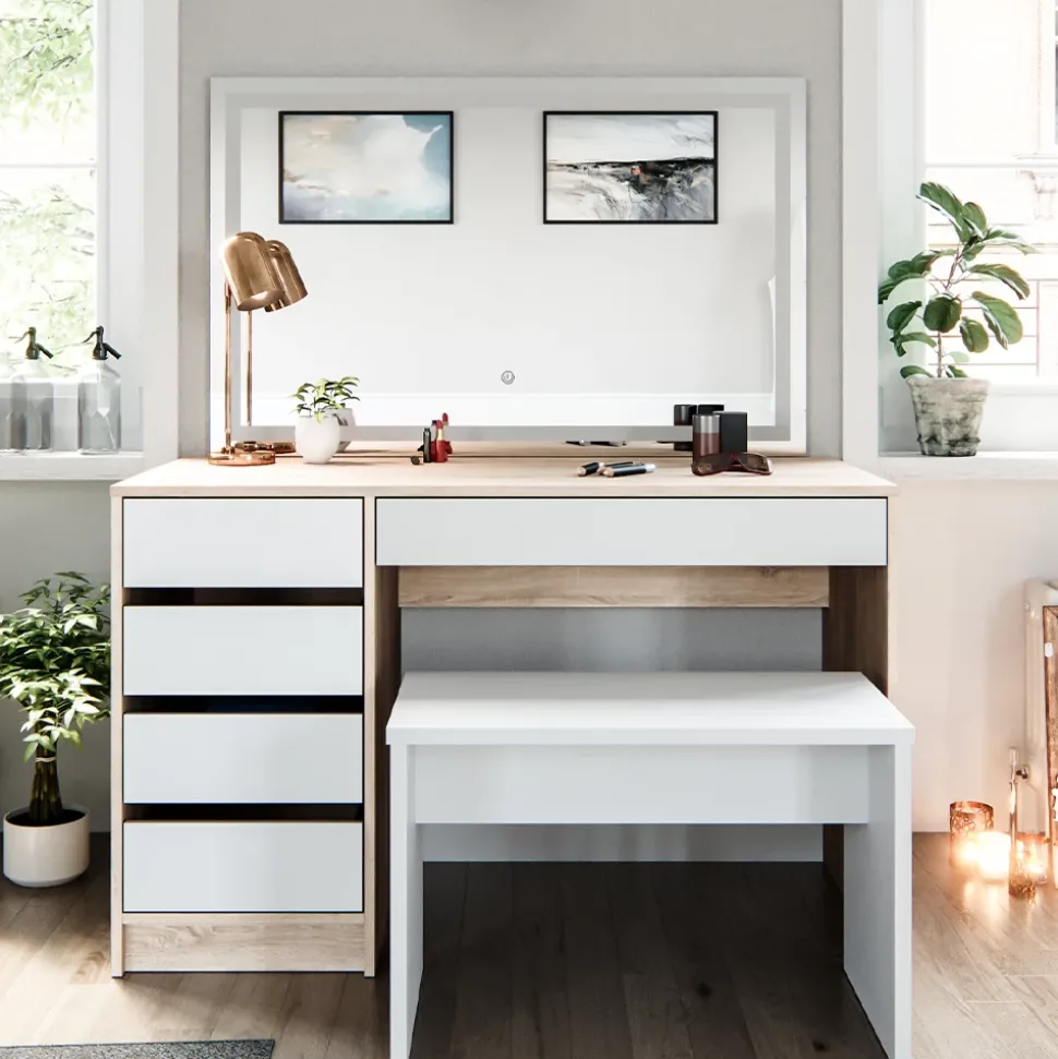 Schminktisch Sherry Weiß/Sonoma 120 cm mit LED Spiegel und Hocker Vicco