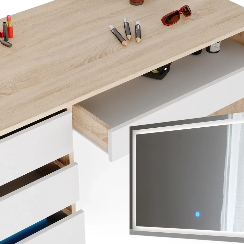 Schminktisch Sherry Weiß/Sonoma 120 cm mit LED Spiegel und Hocker Vicco