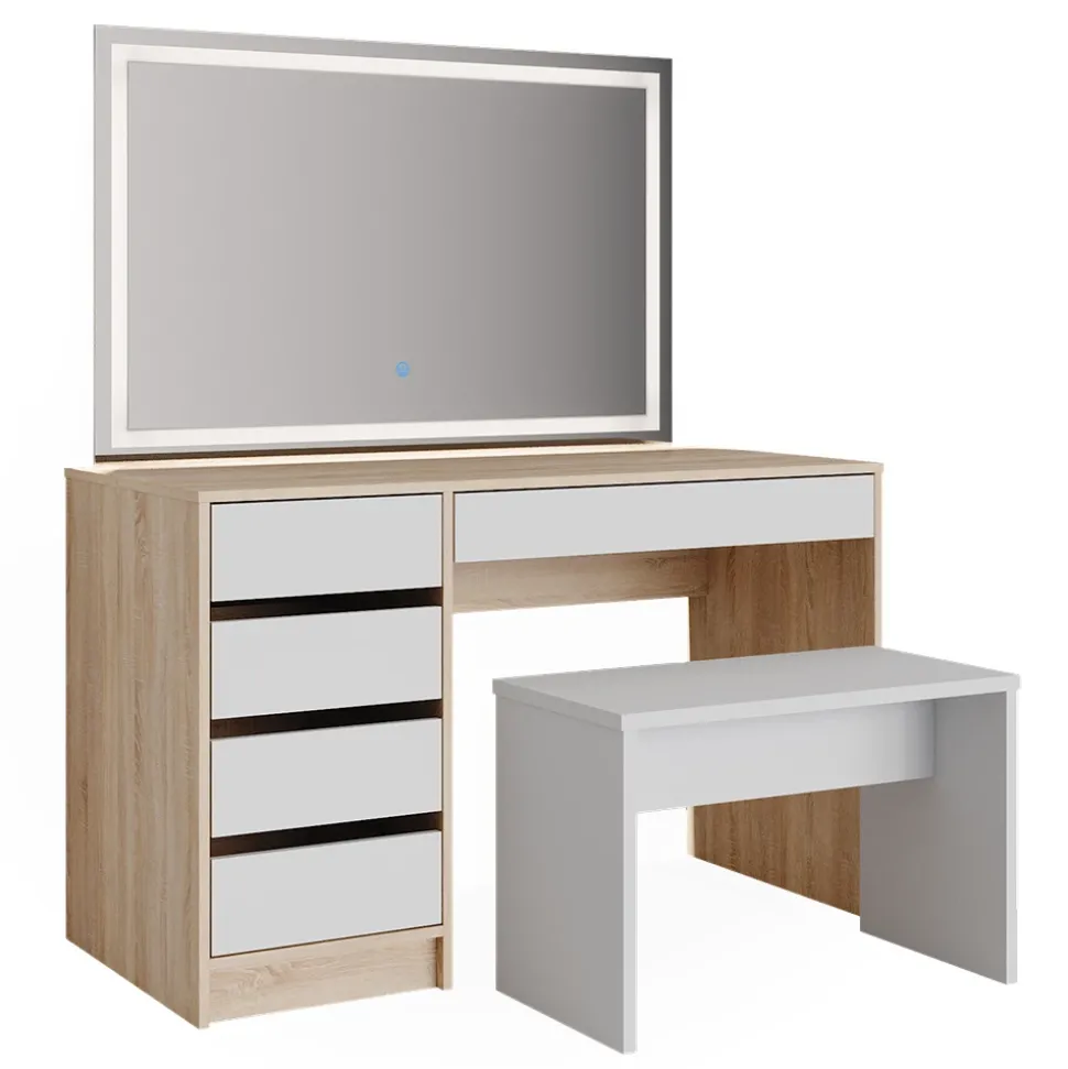 Schminktisch Sherry Weiß/Sonoma 120 cm mit LED Spiegel und Hocker Vicco
