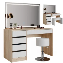 Schminktisch Sherry Weiß/Sonoma 120 cm mit LED-Spiegel und Hocker Vicco