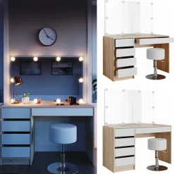 Schminktisch Sherry Weiß/Sonoma 120 cm mit LED Beleuchtung und Hocker Vicco