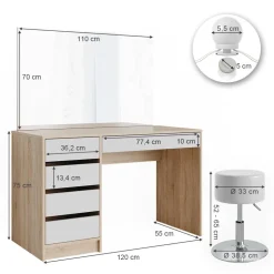 Schminktisch Sherry Weiß/Sonoma 120 cm mit LED Beleuchtung und Hocker Vicco