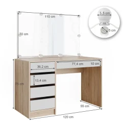 Schminktisch Sherry Weiß/Sonoma 120 cm mit LED Beleuchtung Vicco