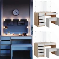 Schminktisch Sherry Weiß/Sonoma 120 cm mit LED Beleuchtung und Bank Vicco