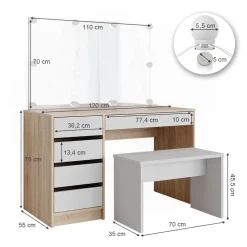 Schminktisch Sherry Weiß/Sonoma 120 cm mit LED Beleuchtung und Bank Vicco