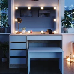 Schminktisch Sherry Weiß/Sonoma 120 cm mit LED Beleuchtung und Bank Vicco