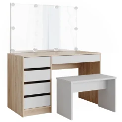 Schminktisch Sherry Weiß/Sonoma 120 cm mit LED Beleuchtung und Bank Vicco