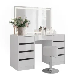 Schminktisch Sherry Weiß/Weiß Hochglanz 128.2 cm mit LED-Spiegel und Hocker Vicco