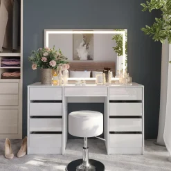 Schminktisch Sherry Weiß/Weiß Hochglanz 128.2 cm mit LED-Spiegel und Hocker Vicco